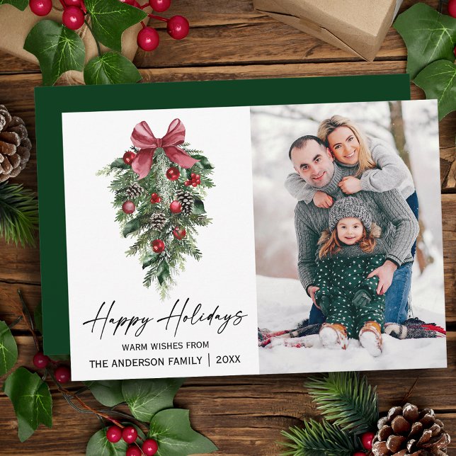 Watercolor Pines Calligraphy Ink Photo Green Holiday Card (Customize to change your personalized text size, style or change color of back of card.)
