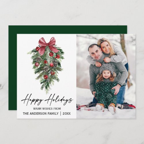 Watercolor Pines Calligraphy Ink Photo Green Holiday Card