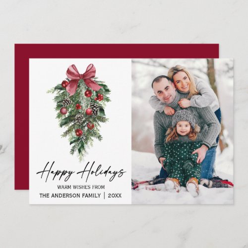 Watercolor Pines Calligraphy Ink Photo Red Holiday Card