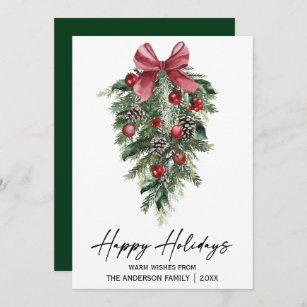Watercolor Pines Calligraphy Ink Script Green Holiday Card