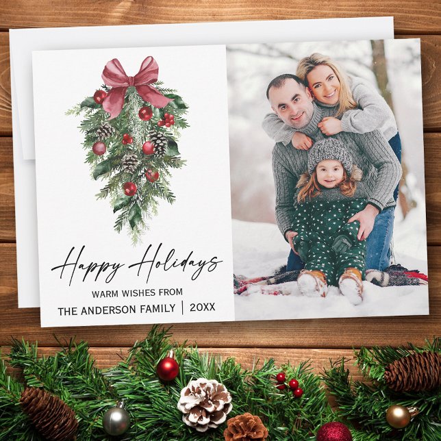 Watercolor Pines Calligraphy Ink Script Photo Holiday Card (Customize to change your personalized text size or text style.)