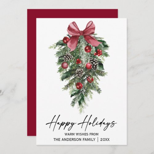 Watercolor Pines Calligraphy Ink Script Red Holiday Card