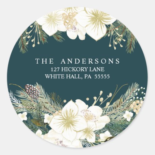 Watercolor Pines Christmas Floral Holiday Address Classic Round Sticker