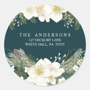 Watercolor Pines Christmas Floral Holiday Address Classic Round Sticker
