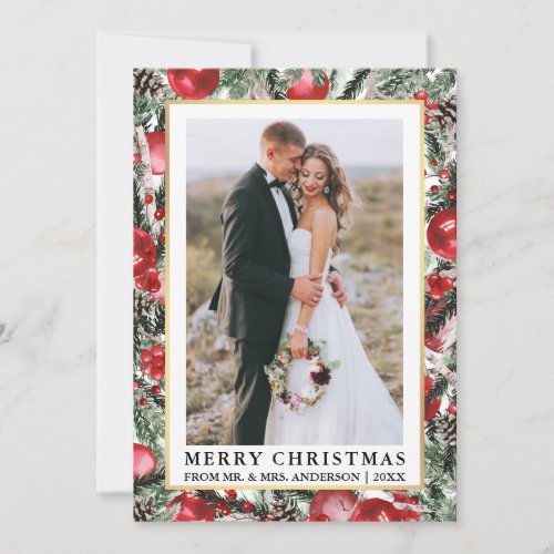 Watercolor Pines Christmas Ornaments Newlywed Holiday Card