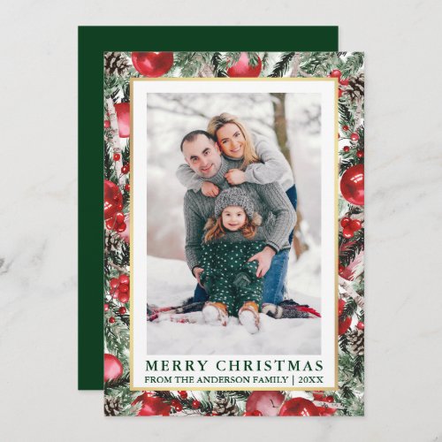 Watercolor Pines Christmas Ornaments Photo Green Holiday Card