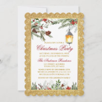 Watercolor Pines Christmas Party Red Gold Glitter Invitation
