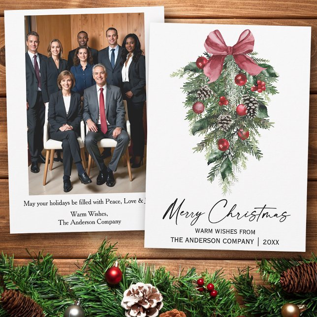 Watercolor Pines Company Photo Back Christmas Holiday Card (Customize to change your personalized text size or text style.)