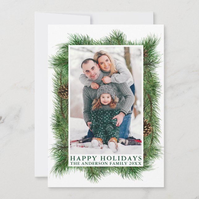 Watercolor Pines Frame Green Happy Holidays Holiday Card (Front)