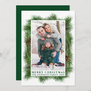 Watercolor Pines Frame Green Merry Christmas Holiday Card