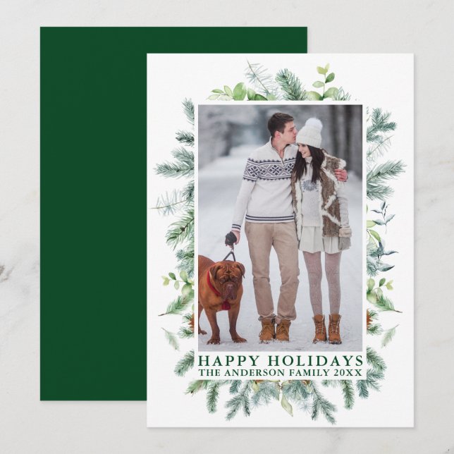 Watercolor Pines Frame Green Photo Holiday Card (Front/Back)