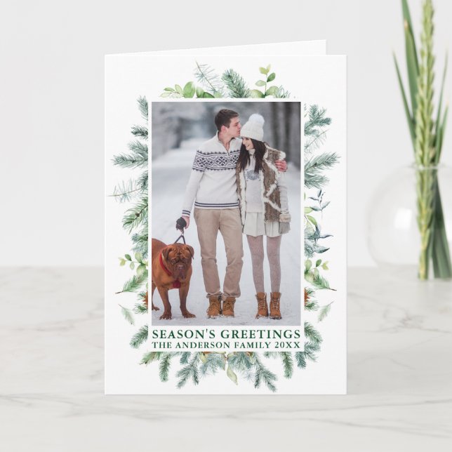 Watercolor Pines Frame Green Season's Greetings Holiday Card (Front)