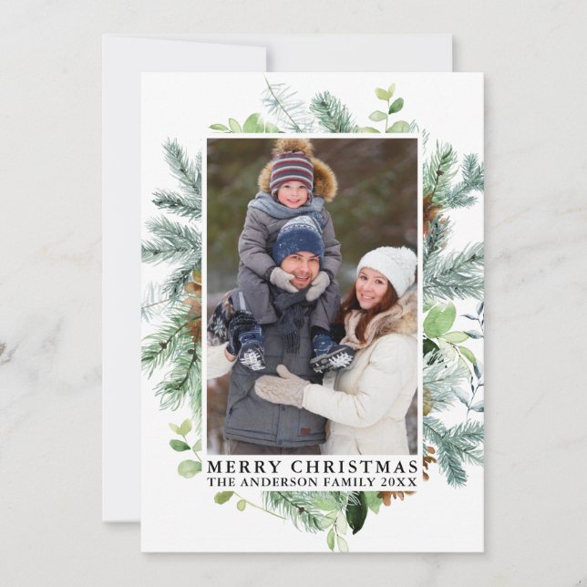 Watercolor Pines Frame Merry Christmas Photo Holiday Card (Front)