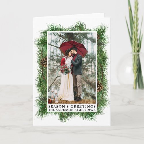 Watercolor Pines Frame Seasons Greetings Folded Holiday Card