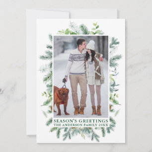 Watercolor Pines Frame Season's Greetings Green Holiday Card