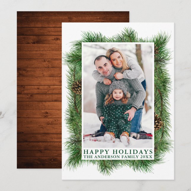 Watercolor Pines Frame Wood Happy Holidays Holiday Card (Front/Back)