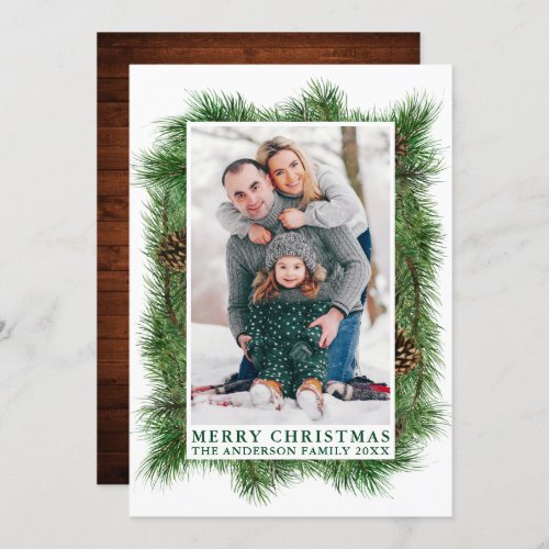 Watercolor Pines Frame Wood Merry Christmas Holiday Card