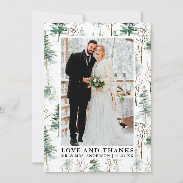 Watercolor Pines Greenery Love Thanks Wedding Thank You Card (Front)
