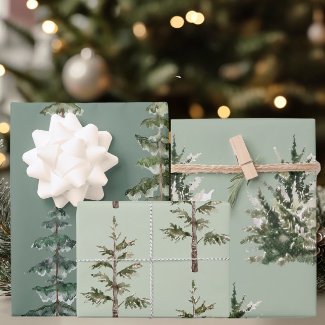 Watercolor Pines on Sage | Scandinavian Holiday Wrapping Paper Sheets (Creator Uploaded)
