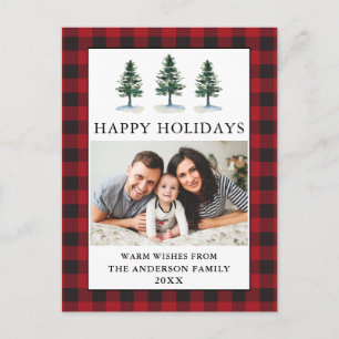 Watercolor Pines Photo Holiday Plaid Postcard