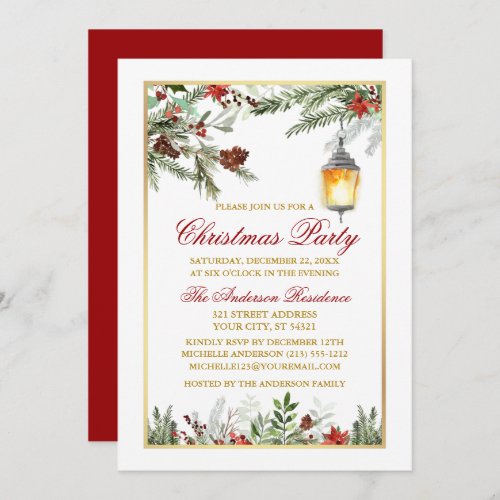 Watercolor Pines Poinsettia Christmas Party Gold Invitation