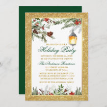 Watercolor Pines Poinsettia Glitter Holiday Party Invitation