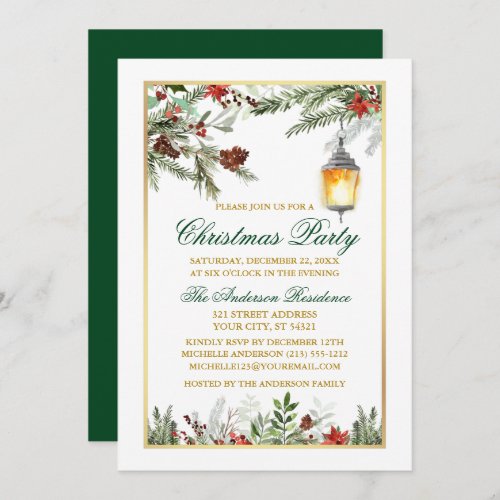 Watercolor Pines Poinsettia Gold Christmas Party Invitation
