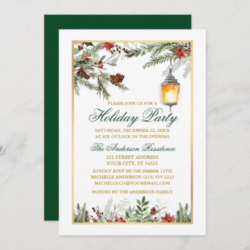 Watercolor Pines Poinsettia Gold Holiday Party Invitation
