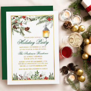 Watercolor Pines Poinsettia Gold Holiday Party Invitation