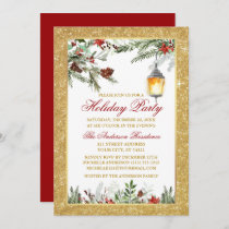 Watercolor Pines Poinsettia Holiday Party Glitter Invitation