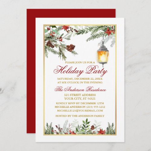 Watercolor Pines Poinsettia Holiday Party Gold Invitation