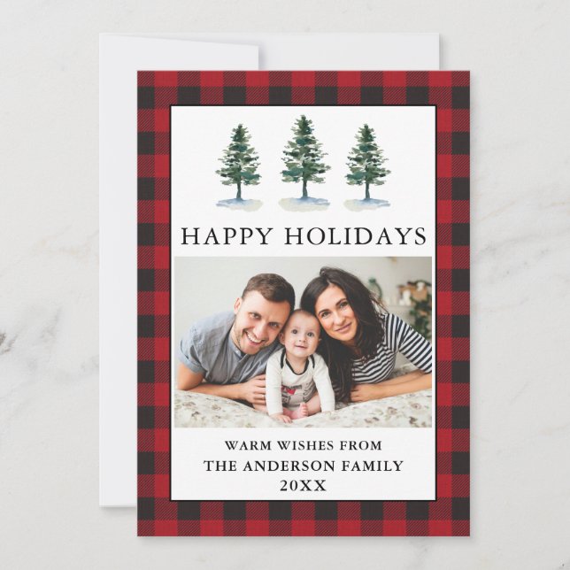 Watercolor Pines Red Plaid Photo Holiday Card (Front)