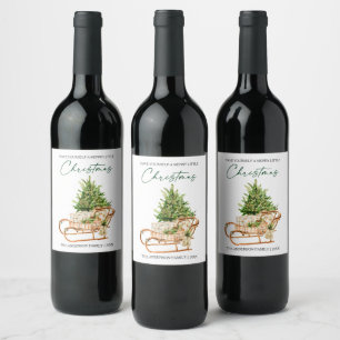 Watercolor Pines Sleigh Calligraphy Ink Holiday Wine Label