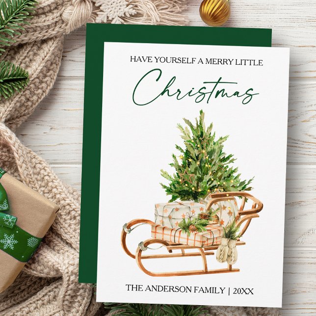 Watercolor Pines Sleigh Calligraphy Ink Script  Holiday Card (Customize to change your personalized text size, style or change color of back of card.)