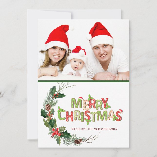 Watercolor PineTree Branches Photo Merry Christmas (Front)