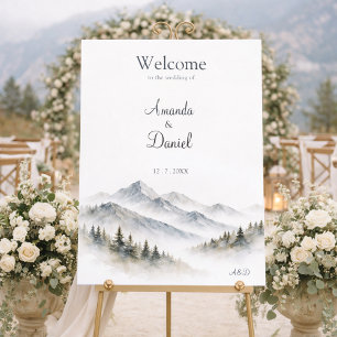 Watercolor Pinetree Mountain Wedding Welcome Sign
