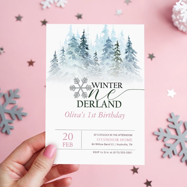 Watercolor Pinetree Winter Onderland 1st Birthday Invitation (Creator Uploaded)