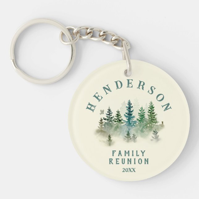 Watercolor PineTrees Family Reunion Button Keychain (Front)