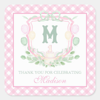 Watercolor Pink 1st Birthday Monogram Crest Gift Square Sticker