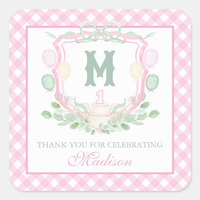Watercolor Pink 1st Birthday Monogram Crest Gift Square Sticker (Front)