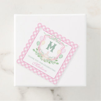 Watercolor Pink 1st Birthday Monogram Crest Party Favor Tags