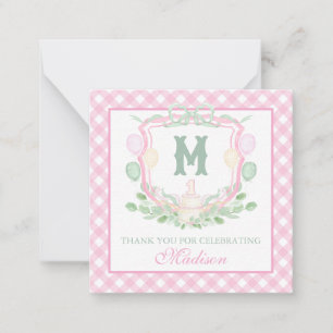 Watercolor Pink 1st Birthday Monogram Crest Party Note Card