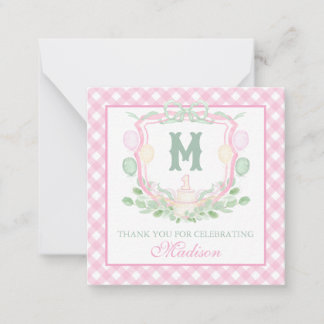 Watercolor Pink 1st Birthday Monogram Crest Party Note Card