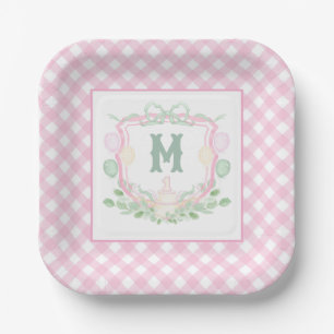 Watercolor Pink 1st Birthday Monogram Crest Party Paper Plates