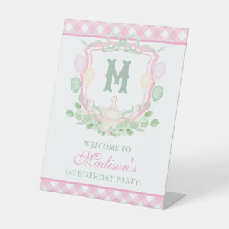 Watercolor Pink 1st Birthday Monogram Crest Party Pedestal Sign