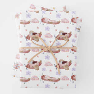 Watercolor Pink Airplane Wrapping Paper Sheets