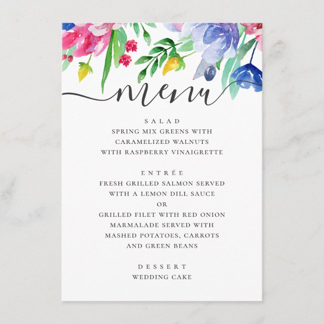 Watercolor pink and blue floral garden wedding menu (Front)