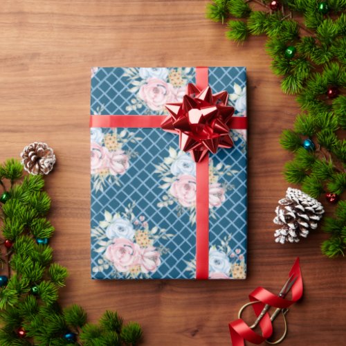 Watercolor Pink and Blue Flower with Blue Checks  Wrapping Paper