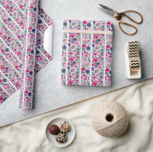 Watercolor pink and blue flowers and white stripes wrapping paper