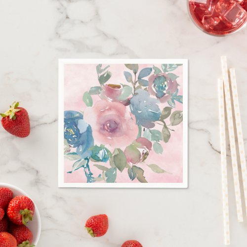 Watercolor Pink and Blue Flowers Bridal  Napkins